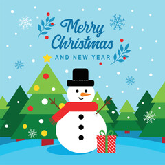 Festive greetings Merry Christmas and New Year. Cheerful snowman, holiday trees and holiday wishes in a joyful winter setting