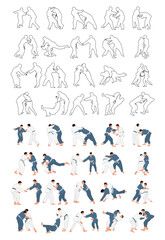 Sketch professional judokas silhouettes in training. Judo athletes  colored. Sports collection. Fighters. Martial arts