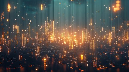 Obraz premium Glowing Digital Nodes Floating Above an Interconnected Futuristic City Blockchain Technology Concept