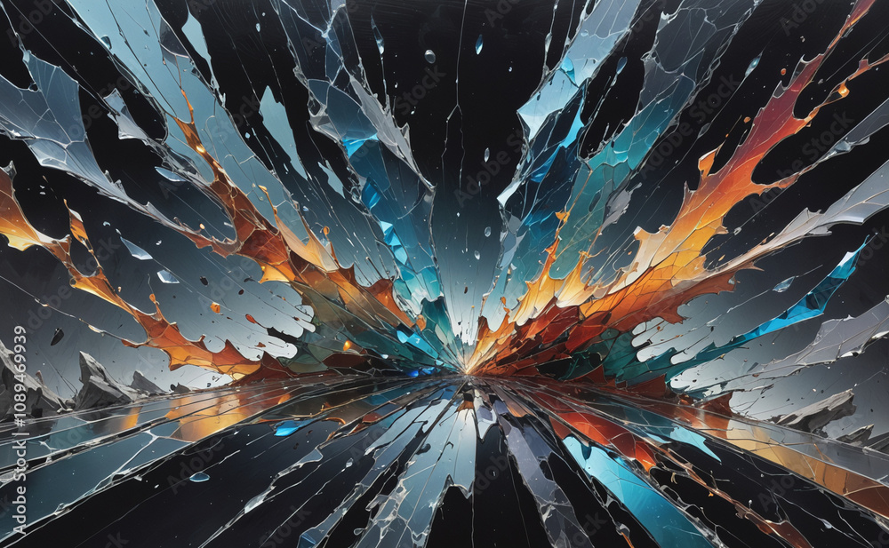 Poster a painting of a colorful explosion with a blue and orange swirl. the painting is abstract and has a 