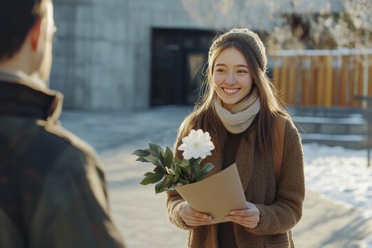 Celebrating World Hello Day with Kindness Woman Offering Flower on a Winter Street - Powered by Adobe