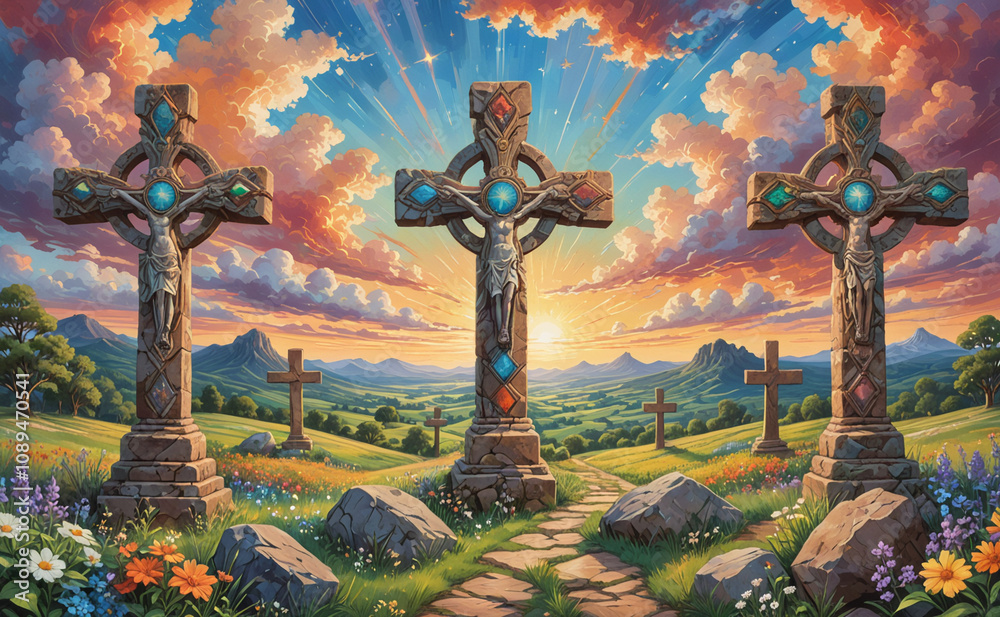 Aufkleber three crosses are shown in a field with a sunset in the background. the crosses are of different col