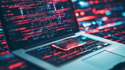 High tech anonymous hacker concept featuring a glowing chip on a light blue laptop surrounded by glitching data flow and a dynamic electronics tech background