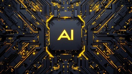 High tech chip design featuring a neon yellow logo at the center complemented by intricate golden circuitry patterns on a sophisticated dark technology backdrop  The image showcases a futuristic