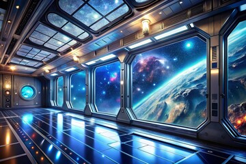 Obraz premium A futuristic space station interior with sleek metallic walls, glowing blue holograms. Generative AI