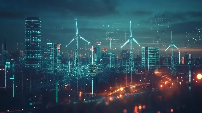 Futuristic Smart City Skyline with Glowing Blockchain Nodes Monitoring Sustainable Energy Consumption - Powered by Adobe