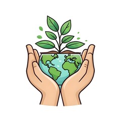 A centered icon of a hand holding a small plant on a transparent background. This minimalistic design symbolizes care for the environment, sustainability, and eco-friendly practices.