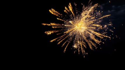Fototapeta premium Golden and purple fireworks bursting in the dark sky, with copy space in the middle of the black background.