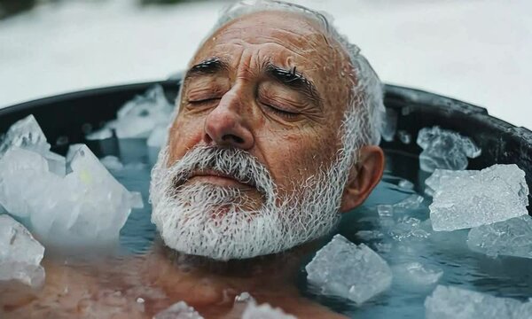 Senior man taking a morning ice bath outdoors. healthy lifestyle