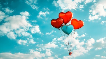 Fototapeta premium Colorful heart-shaped balloons floating against a bright blue sky with soft clouds, evoking joy and love. Concept: celebration, happiness.