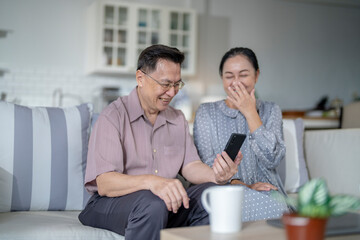 An elderly couple sits together in their cozy living room, smiling and enjoying a moment as they look at something on a smartphone. Their warmth and affection capture a peaceful home atmosphere.