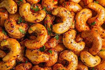 Naklejka premium Roasted Cashews Sprinkled With Chili Flakes, Highlighting Their Crunchy Texture And Spicy Finish. Perfect For Snack Advertisements, Culinary Blogs, Or Food-Themed Social Media Posts.