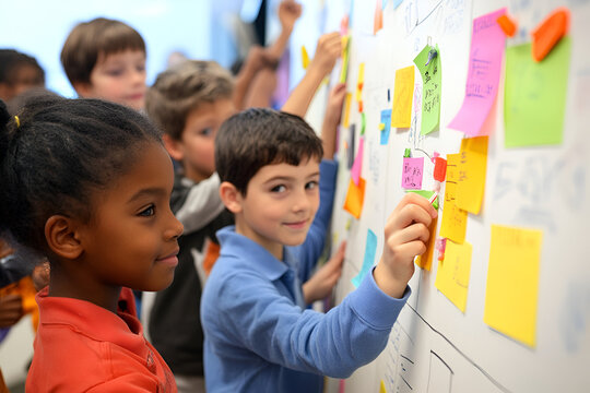 Children actively working together placing colorful sticky notes on a whiteboard in a classroom setting