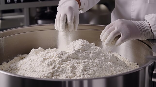 Workers hands combine flour and other ingredients in an industrial mixer for large-scale baking