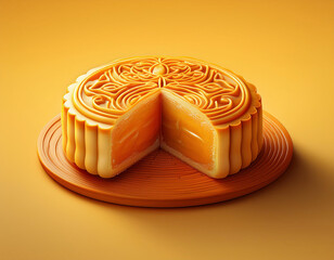 A traditional mooncake with intricate patterns on top is cut to reveal its golden custard filling, presented on a round plate against a yellow background.