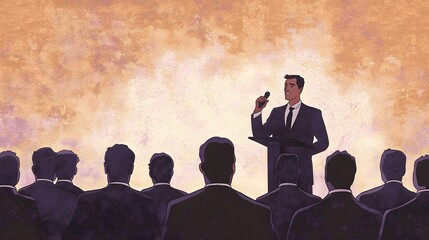 CEO giving a motivational speech to a large audience, highlighting future goals. 