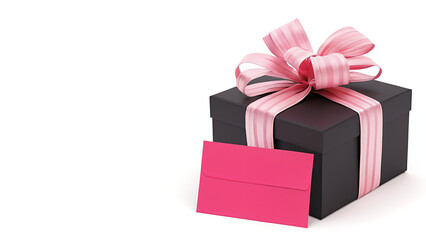 black gift box with a pink ribbon and card