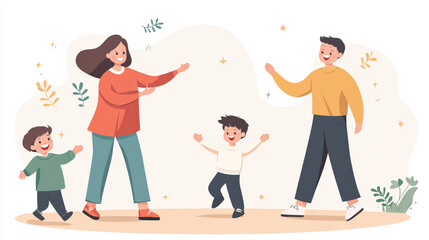 A joyful family scene with parents and two children dancing together, surrounded by a playful, colorful background.