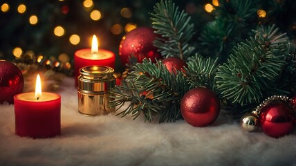 A vibrant holiday-themed border of coniferous foliage, radiant Christmas lights, classic baubles, and premium beauty items such as lipsticks and perfume.