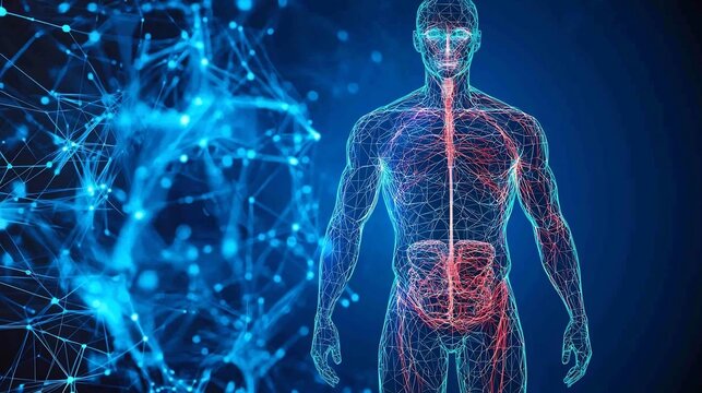 Low poly human body silhouette created in a polygonal wireframe style  A glowing futuristic anatomy model set on a dynamic blue digital background showcasing a technical scientific