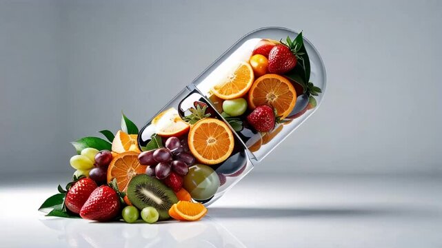 large capsule with fresh different fruits
