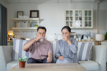 An elderly couple enjoys a peaceful moment at home, sharing smiles and drinks. The warm and cozy atmosphere emphasizes their deep connection, happiness, and the comfort of spending time together.