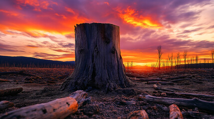 Naklejka premium A solitary tree stump standing amidst a barren landscape affected by deforestation during a sunset. The destruction of forest 
