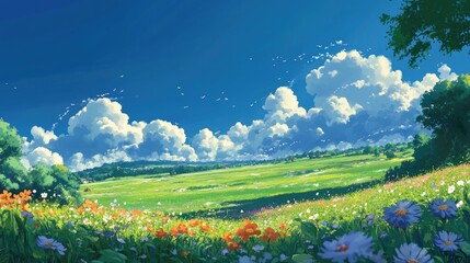 Fototapeta premium A peaceful green field with patches of wildflowers, illuminated by sunlight and framed by a deep blue sky.