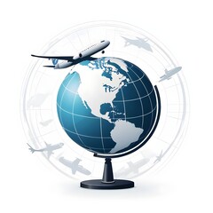 Fototapeta premium A globe icon with an airplane flying around it, centered on a transparent or white background. Represents global travel, exploration, and international connectivity.