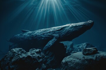 A majestic whale glides through dark ocean depths, illuminated by beams of light filtering from above, surrounded by rocky formations.