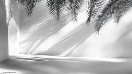 Serene Tropical Oasis: Embrace Minimalism with Palm Shadows on a White Wall