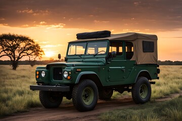 A classic 4x4 in dark green with a canvas top and spare tire on the back set in a savannah landscape, AI Generated