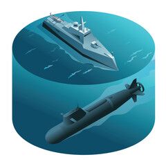 Sea hunting. Submarine and anti-submarine ship are hunting each other. Vector illustration on isolated background