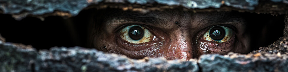 A nail-biting image of a figure just barely squeezing through a tight space, danger looming nearby.