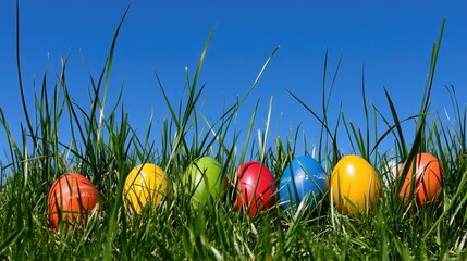 Fototapeta premium A whimsical arrangement of multicolored Easter eggs partially hidden in tall green grass, with the clear blue sky adding a sense of openness and joy.