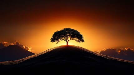 Breathtaking Sunset Silhouette of a Tree on a Hill: Nature's Serene Beauty