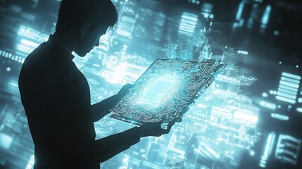 Mysterious hacker silhouette with a glowing chip integrated into a light blue laptop layered on a dark futuristic electronics background with a flowing data glitch effect
