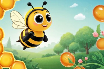 Cheerful 3D Cartoon Bumblebee Illustration Flying in a Fun Honey Environment