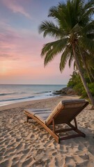 Fototapeta premium Beach Wallpaper Featuring a Serene Sunset Scene with Palm Trees, Sand, Ocean, and Relaxing Vibes