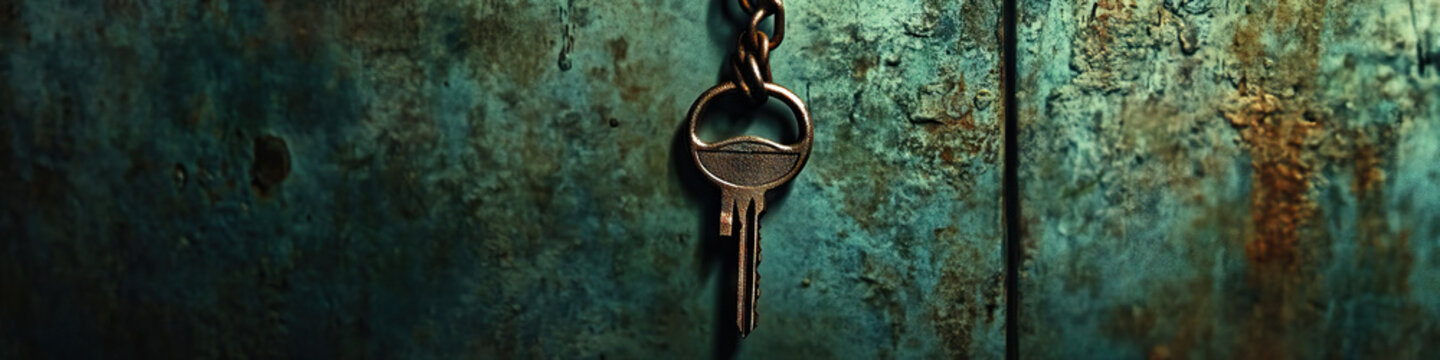 Secret: An ominous photograph of a key dangling from a chain, locked within a shadowy alcove.