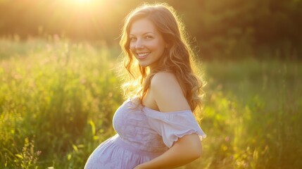 Serene Woman in Lavender Dress Enjoying Sunlight in Green Meadow