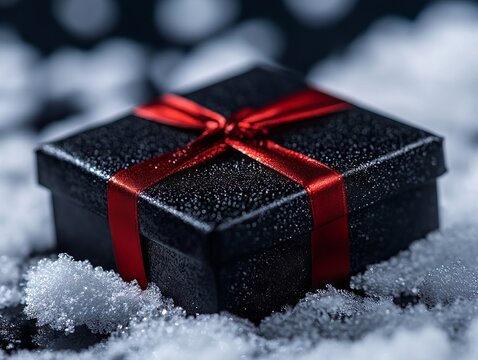 A black gift box with a red ribbon in the snow