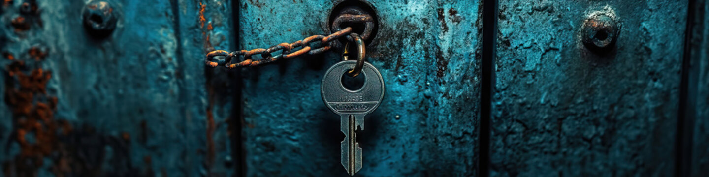 Secret: An ominous photograph of a key dangling from a chain, locked within a shadowy alcove.