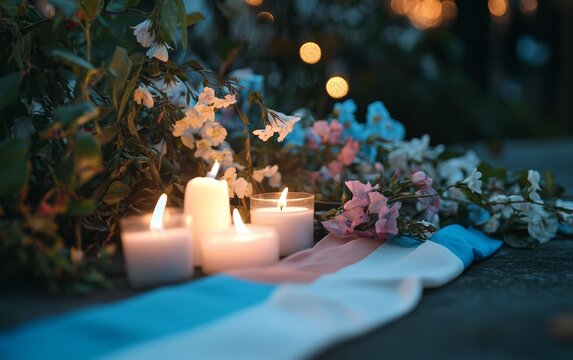 Peaceful Vigil Setting with Candles and Flowers for Transgender Day of Remembrance, New Year, and Thanksgiving