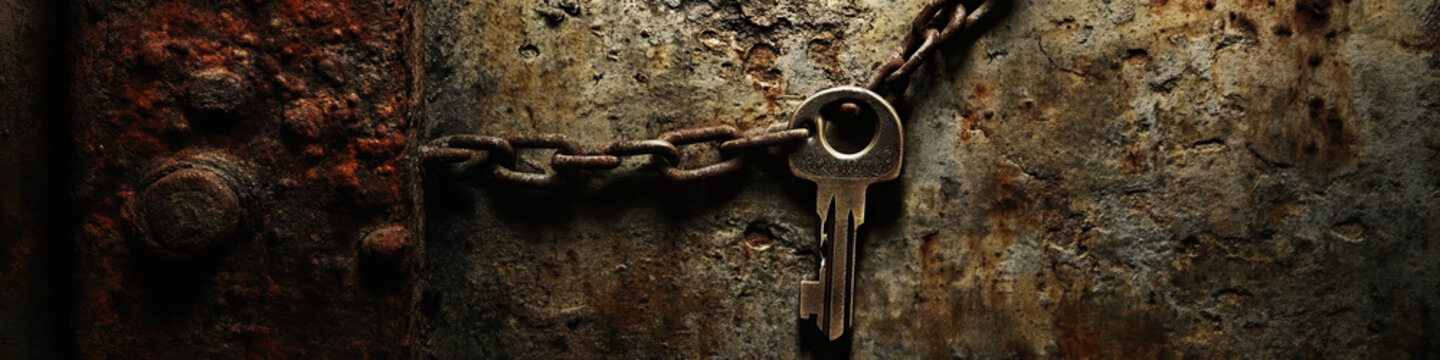 Secret: An ominous photograph of a key dangling from a chain, locked within a shadowy alcove.