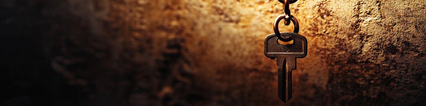 Secret: An ominous photograph of a key dangling from a chain, locked within a shadowy alcove.