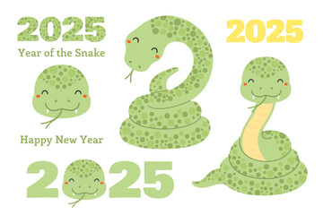 2025 Chinese Lunar New Year cute cartoon snake clipart collection, isolated on white. Flat style vector illustration. Design concept for CNY, Seollal, Tet holiday card, banner, poster, decor element