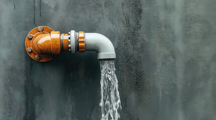 Close-up of water flowing from an industrial metal pipe against a textured concrete wall background