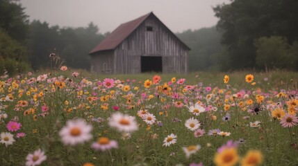 Obraz premium Serene Landscape of Wildflowers Surrounding a Rustic Barn in a Tranquil Setting