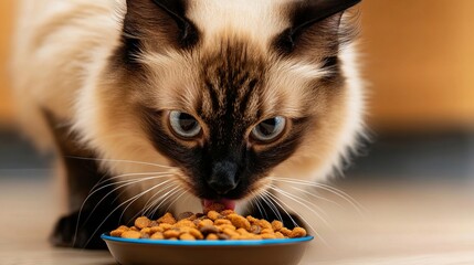 A cat eating out of a bowl of food